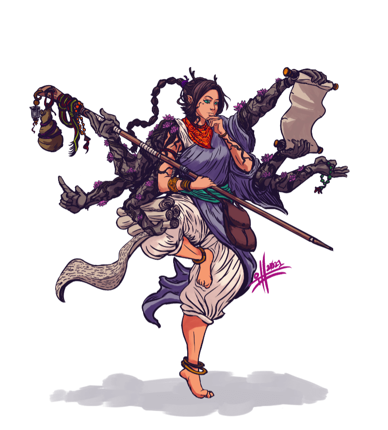 A multi-armed hero ponders her next step as she holds a variety of items around her.